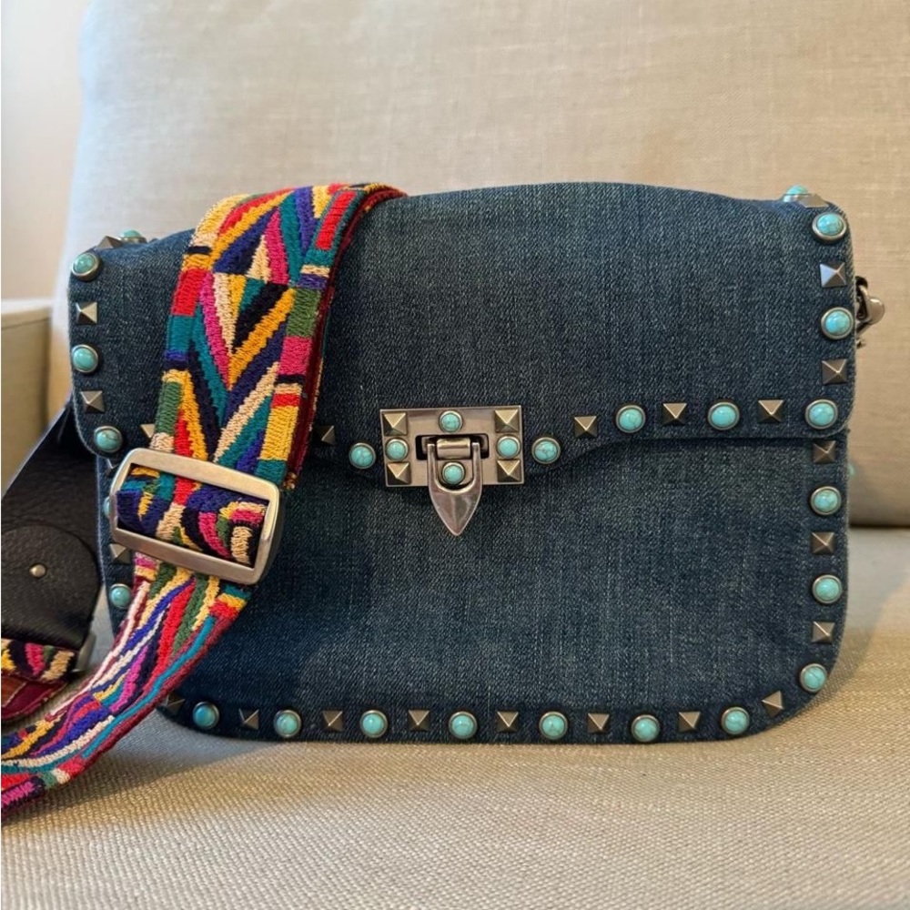 Valentino Blue Denim and Leather Rolling Rockstud Shoulder Bag